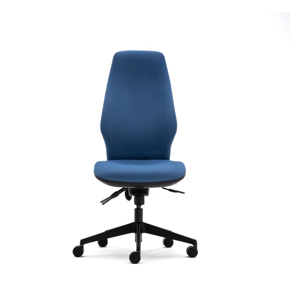 Ergonomic Task Chair - Torasen 300 Series Range. Finished in an era blue fabric upholstery and black components. Choose between an independent or synchro mechanism, and ergonomic features. Supplied with 5 star castor base. - Front view.